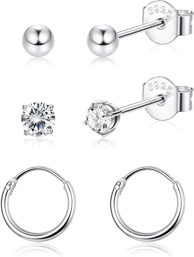 3 Pairs Set with Austrian Zirconia Earrings Set for Women Round Ball CZ Stud Earrings Small Hoop Earrings White Gold 18K Gold Plated - Grocery
