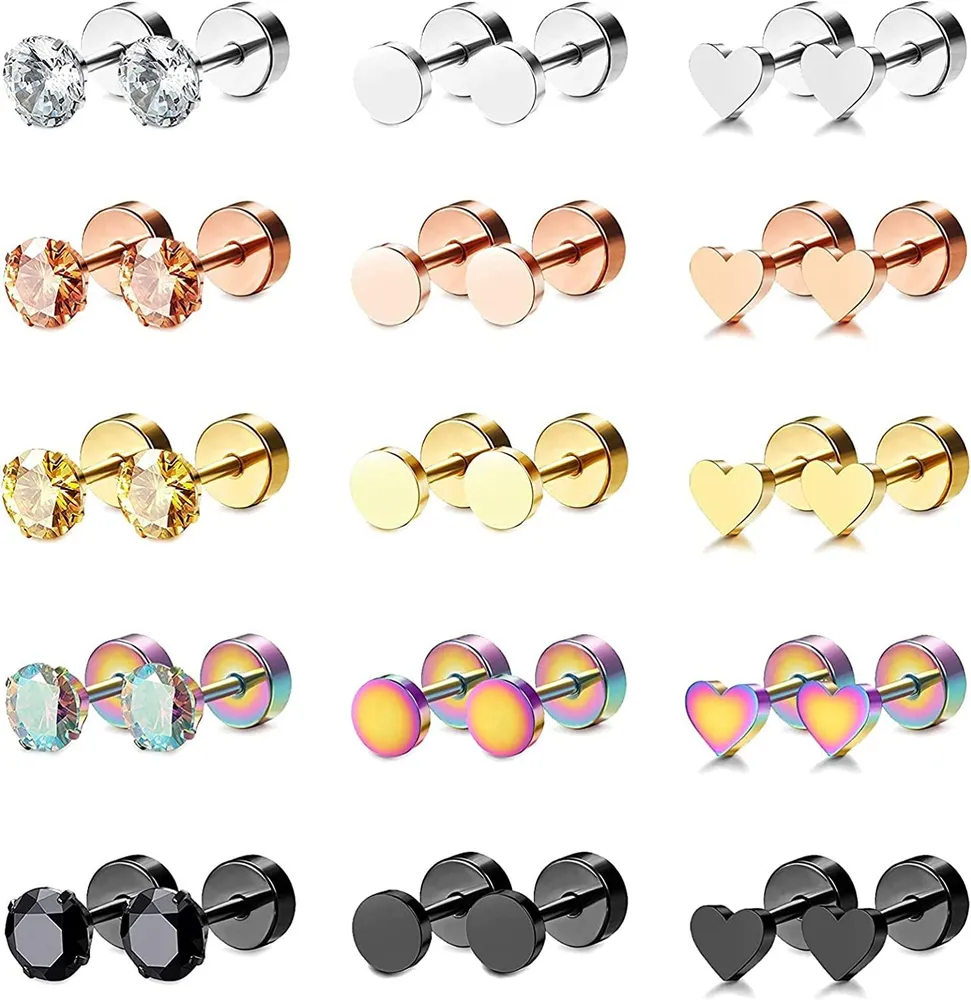 15 Pairs Tiny Cartilage Stud Earrings Stainless Flat Back Earrings for Women Men Heart CZ Trague Stud Earrings Screw Earrings Ear Piercing Set - Grocery