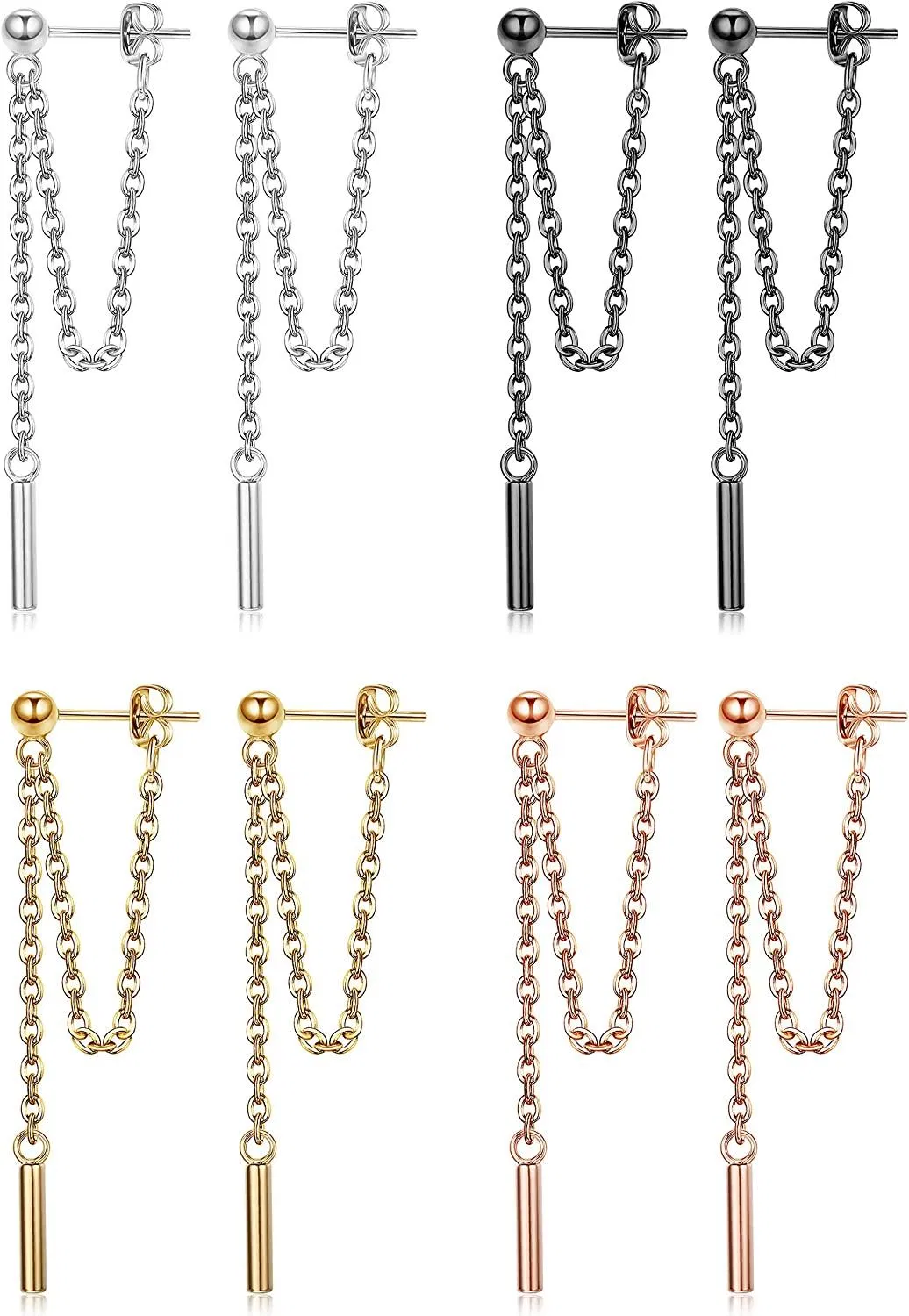 4Pairs Bar Dangle Earrings with Threader Chain for Women Stainless Ball Stud Earring Chain Earrings - Grocery