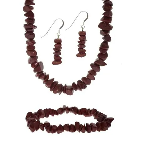 Sterling Silver Genuine Red Jasper Stone Chip Dangle Hook Earrings Stretch Bracelet Necklace Jewelry Set - Grocery