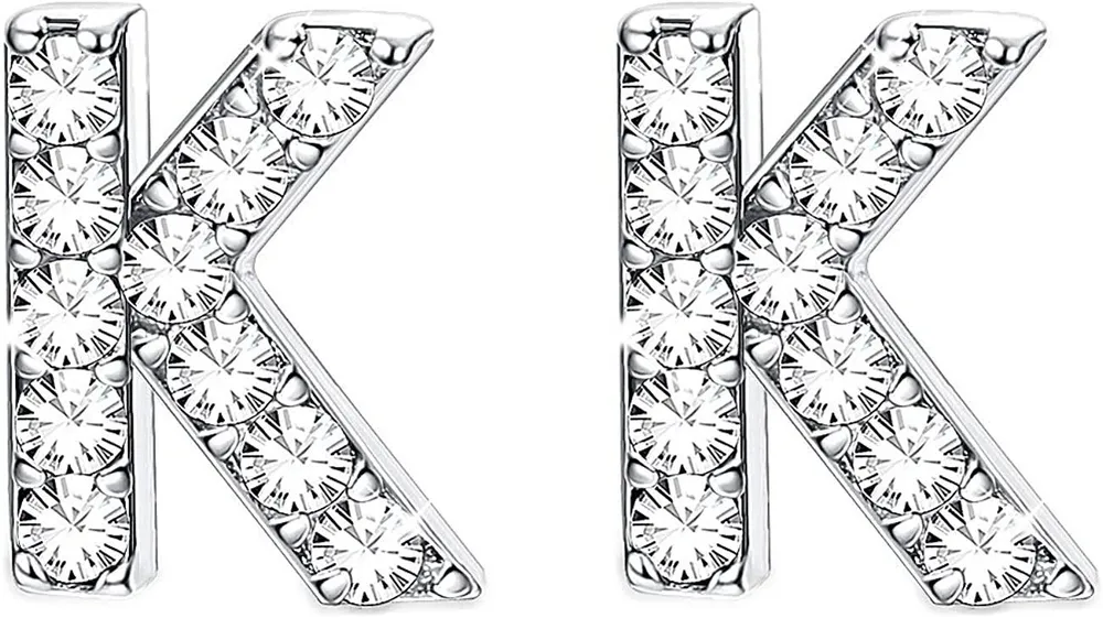 925 Sterling Silver Initial Stud Earrings Minimalist 26 Alphabets Letter Earrings Made with Austria Crystals - Grocery