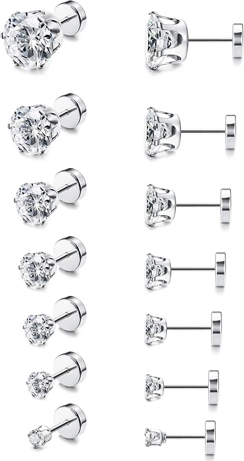 CZ Stud Earrings for Women Men Stainless Cubic Zirconia Earrings Set Screwback - Grocery