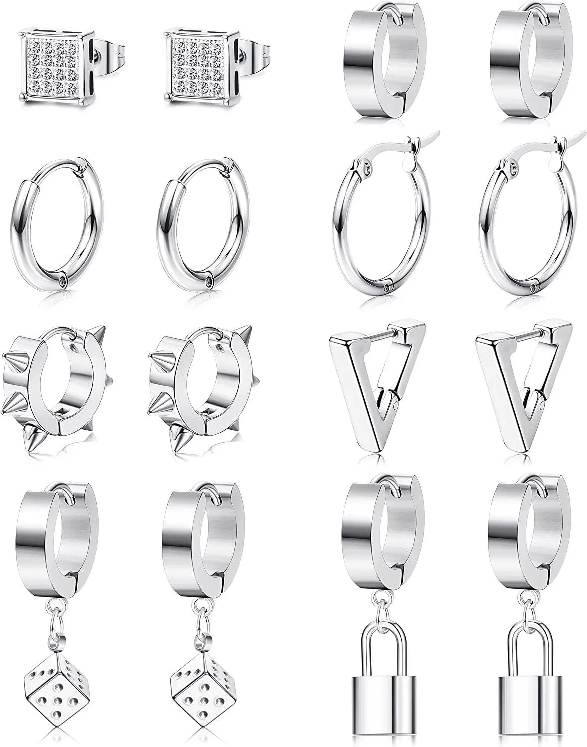 8 Pairs Black Silver Stainless Earrings for Men CZ Square Stud Earring Huggie Hoop Lock Dangle Mens Earring Set - Grocery