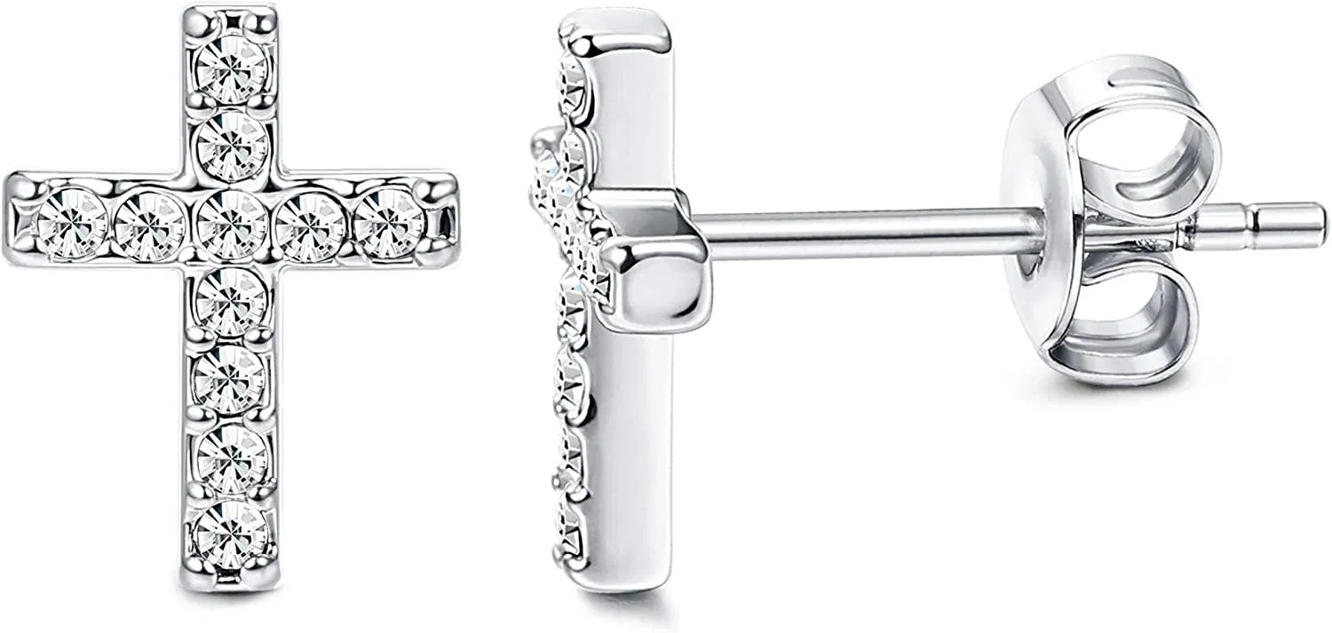 Sterling Silver Cross Stud Earrings for Women Tiny Cubic Zirconia Cross Cartilage Earrings Stud Hypoallergenic - Grocery