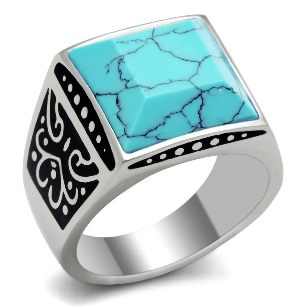 TK304 - High polished (no plating) Stainless Steel Ring with Synthetic Turquoise in Sea Blue - Grocery