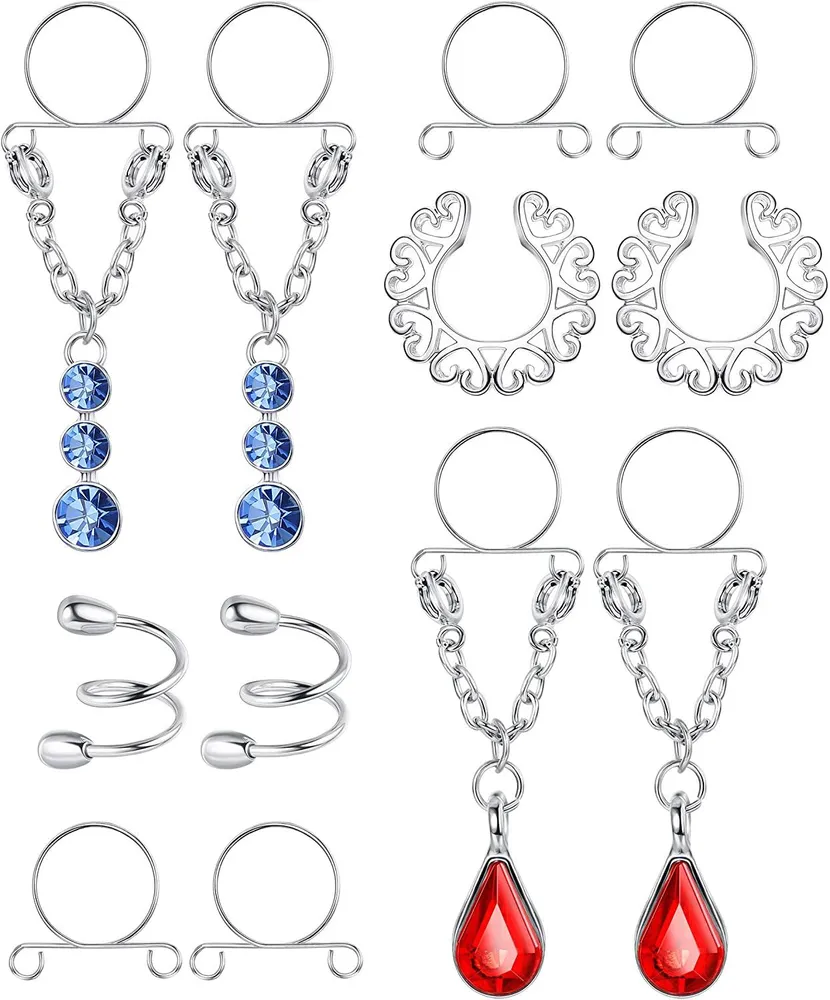 6Pairs Stainless Fake Nipple Rings for Women Non-Piercing Dangle Nipplerings Screw Clip On Nipple Rings Faux Body Piercing Jewelry - Grocery