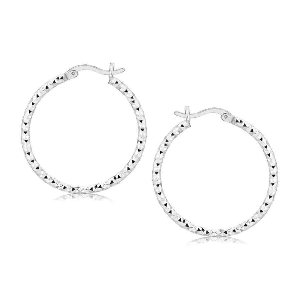Sterling Silver Faceted Motif Hoop Earrings with Rhodium Plating(2x25mm) - Grocery