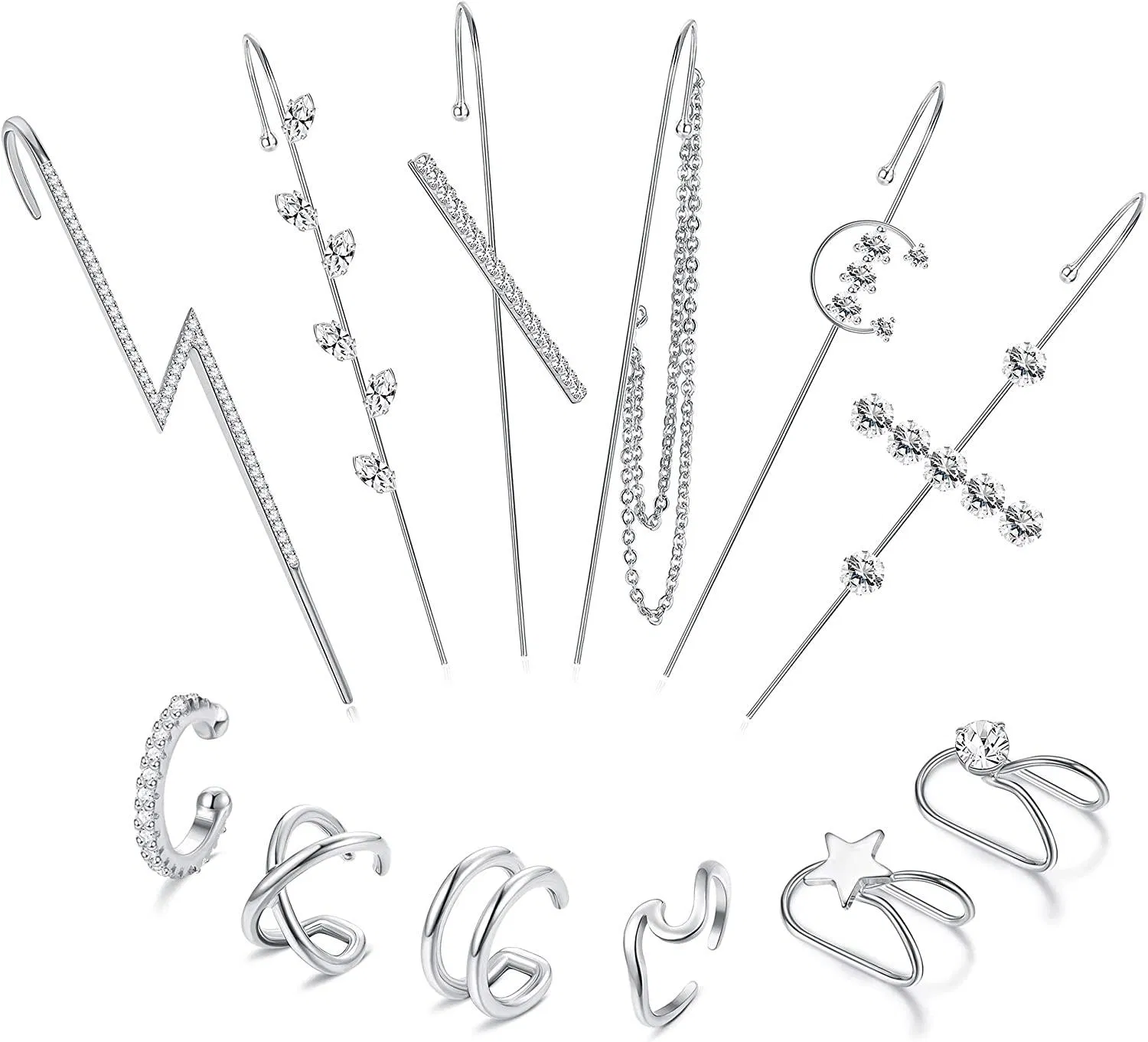 12Pcs Ear Wrap Crawler Hook Earrings Ear cuff Earrings for Women Cubic Zirconia Climber Piercing Ear Cartilage Clip On Earrings Unique Long Earrings - Grocery