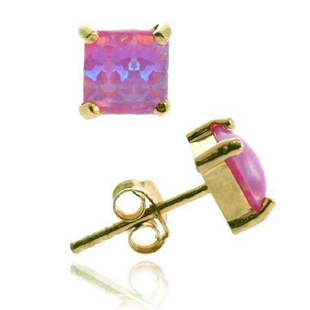 18K Gold over Sterling Silver Created Pink Opal 6mm Square Stud Earrings - Grocery