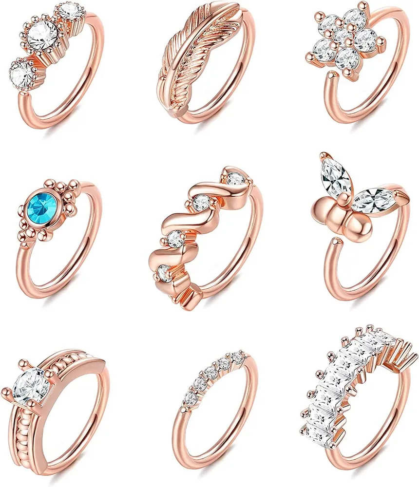 9Pcs 20G Stainless Nose Ring Hoop Paved CZ Leaf Butterfly Cartilage Earring for Women Body Ear Piercing Hoop Ring for Nose Ear Cartilage - Grocery