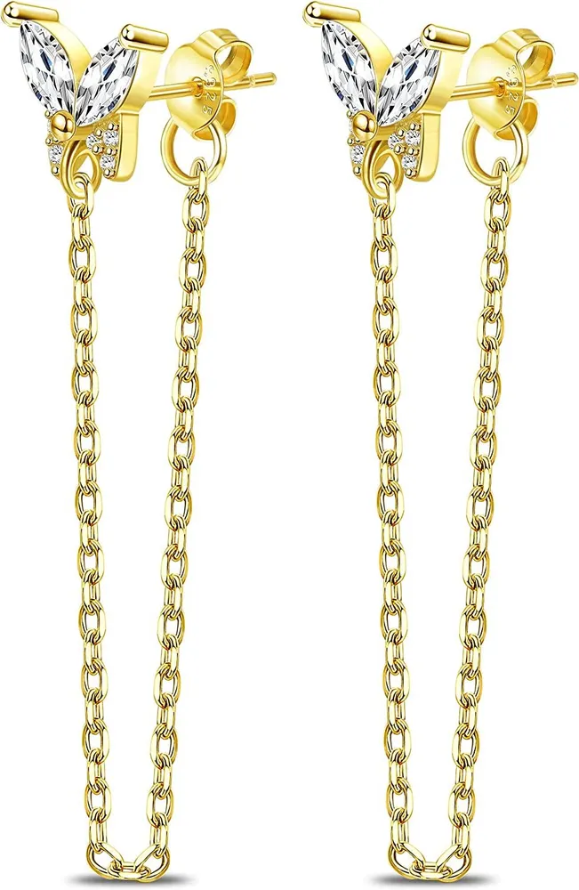 925 Sterling Silver Butterfly Chain Stud Earrings for Women 14K Gold Plated Drop Chain Dangle Earrings Hypoallergenic - Grocery