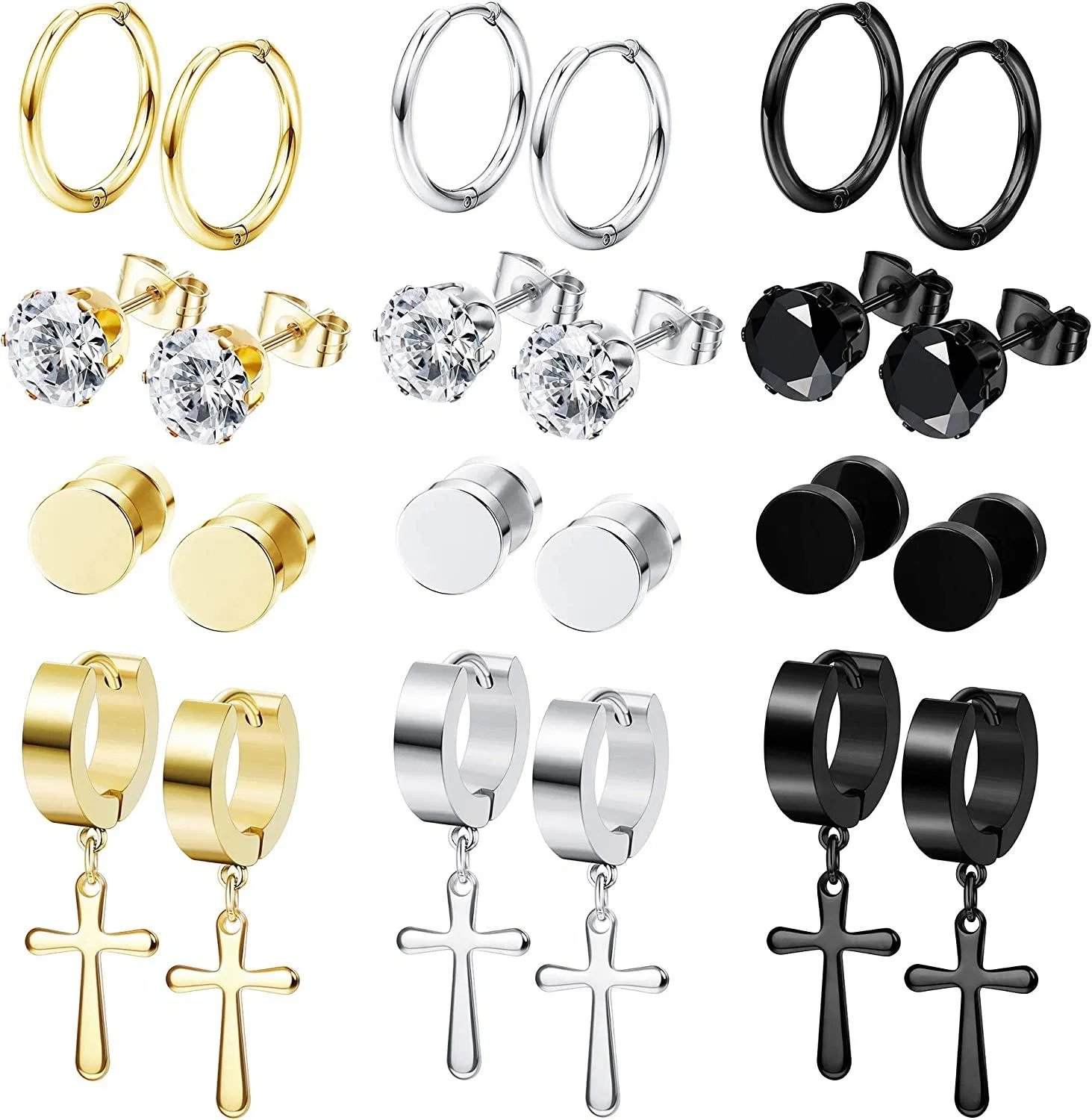 12 Pairs Stainless Earrings for Men Women Vintage Cross Dangle Hinged Earrings Hoop CZ Stud Earrings Tunnel Earrings Piercing Set - Grocery