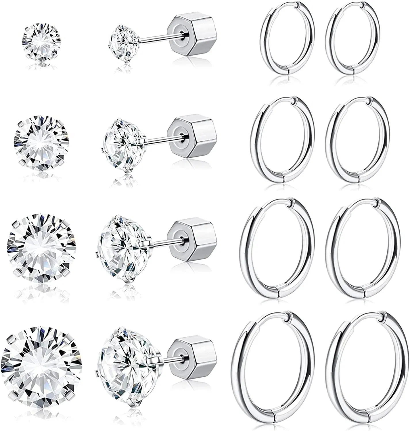 8 Pairs Hoop Earings Stud Earrings for Women Surgical Cartilage Earrings Minimalist Cubic Zirconia Earrings Studs Hypoallergenic Huggie Earrings Set - Grocery