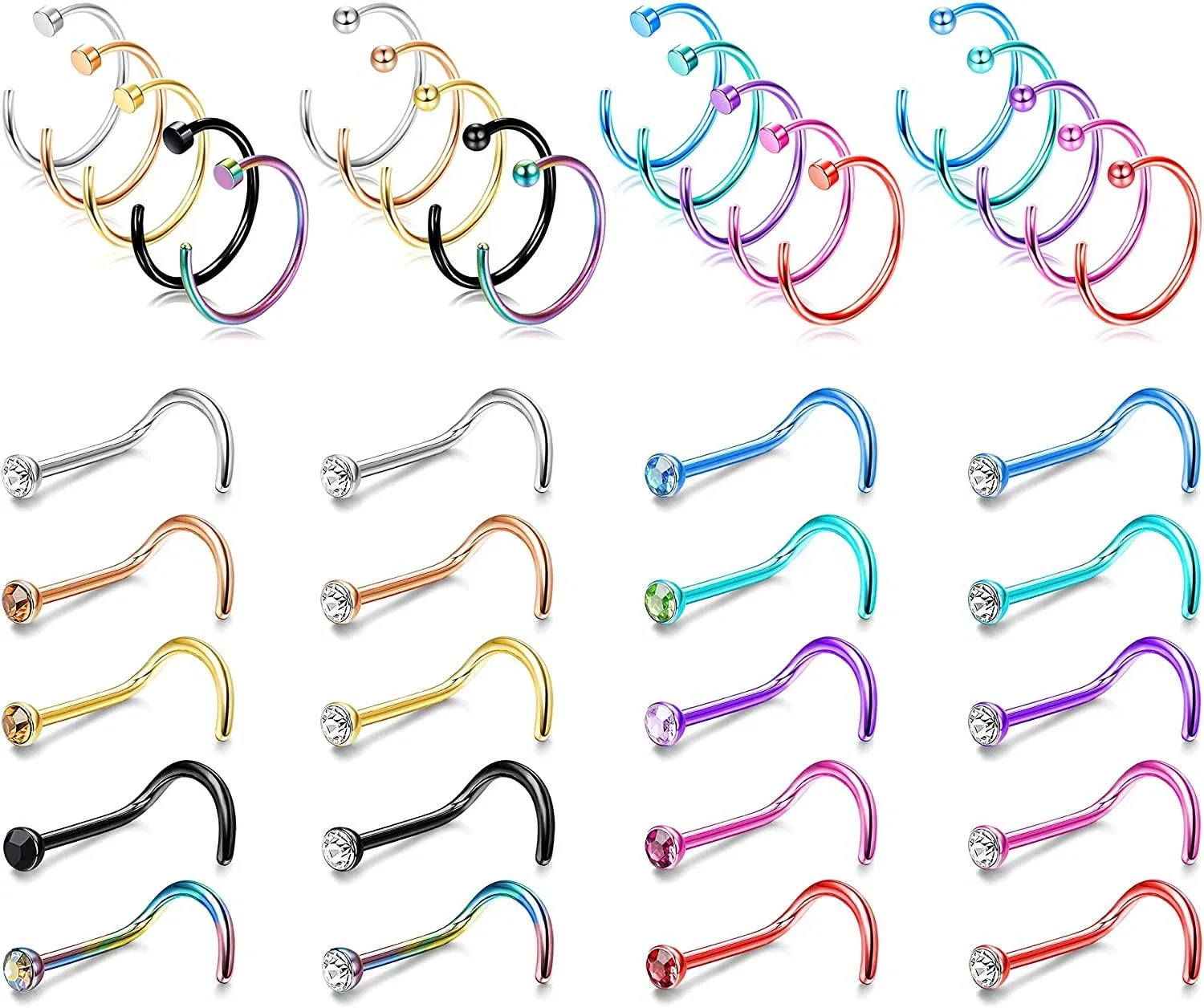 40Pcs Nose Rings Stud Stainless Nose Rings Hoop Screw Shaped Nose Piercing for Women Men 18G 20G - Grocery