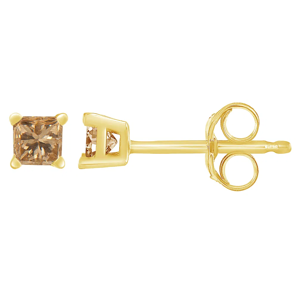 14K Yellow Gold 0.40 Cttw Princess-Cut Square Champagne Diamond Stud Earrings (Natural Color, I2-I3 Clarity) - Grocery
