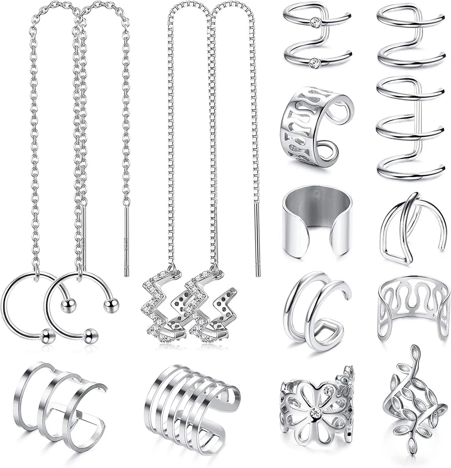 16 Pcs Stainless Steel Non Piercing Earrings Set Wave Cuff Chain Earrings Helix Cartilage Clip On Wrap Earrings - Grocery