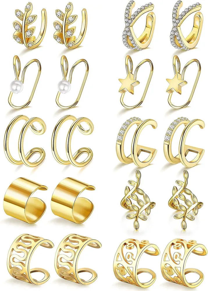 10Pairs Ear Cuff Set for Women Star Pearl Leaf Stainless Cuff Helix Cartilage Earrings Clip On Wrap Earrings Non-Piercing Fake Earrings - Grocery