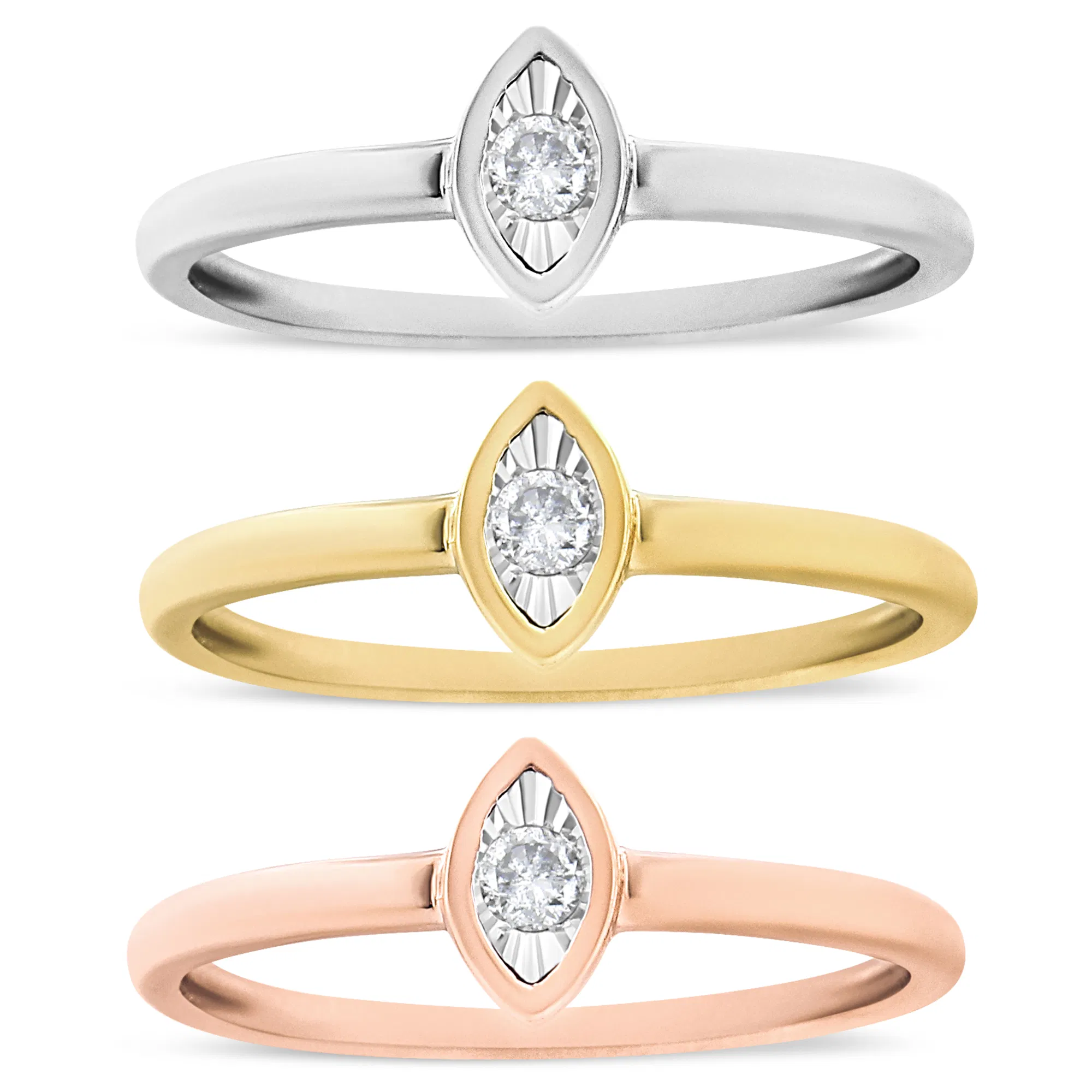 14K Gold Plated .925 Sterling Silver 1/6 Cttw Diamond Marquise Shaped Stackable Promise Ring Set (J-K Color, I1-I2 Clarity) - Grocery