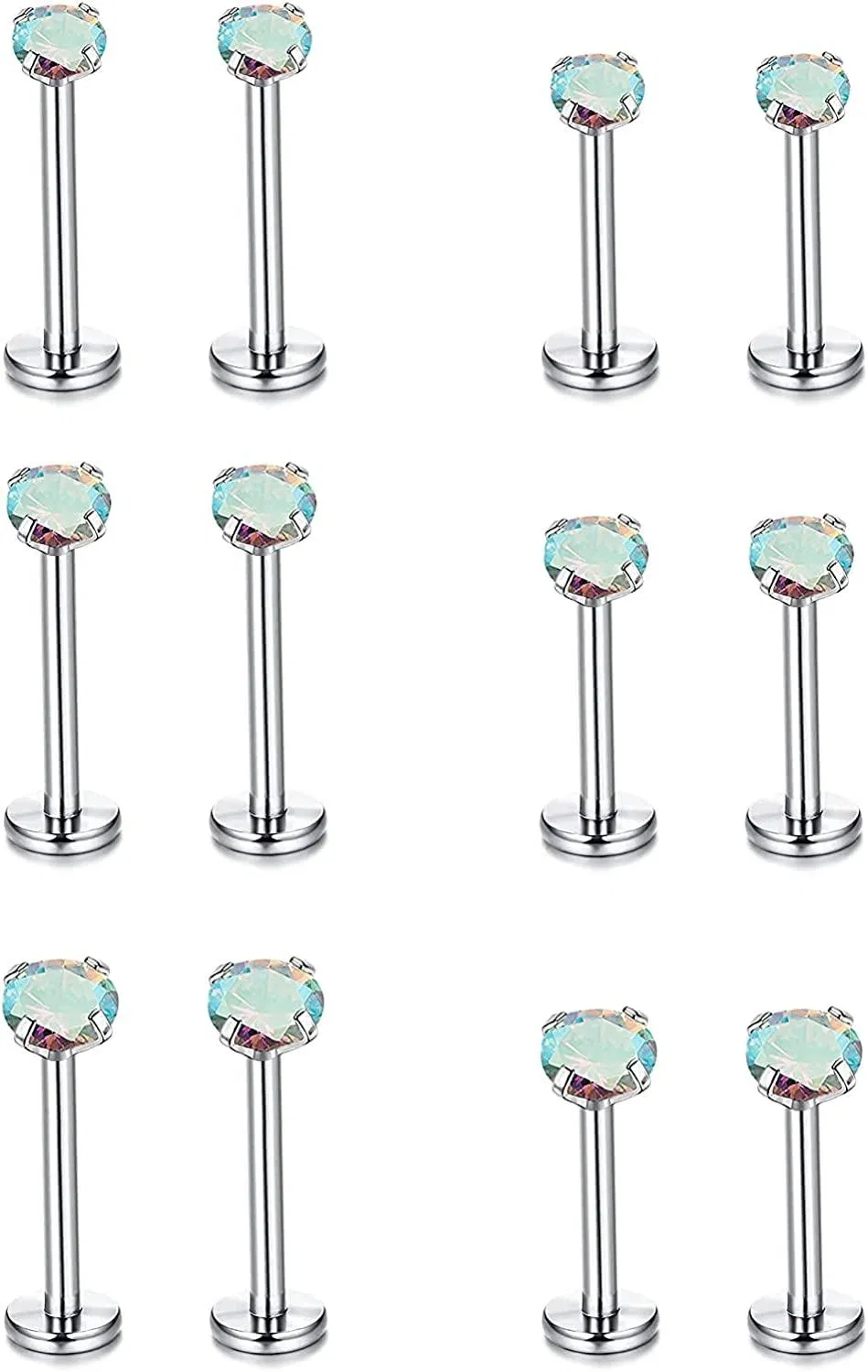 12PCS 16G Lip Rings Tragus Helix Earring Cartilage Piercing Jewelry Labret Stud Stainless 2/3/4MM Cubic Zirconia Opal Internally Threaded Earring - Grocery