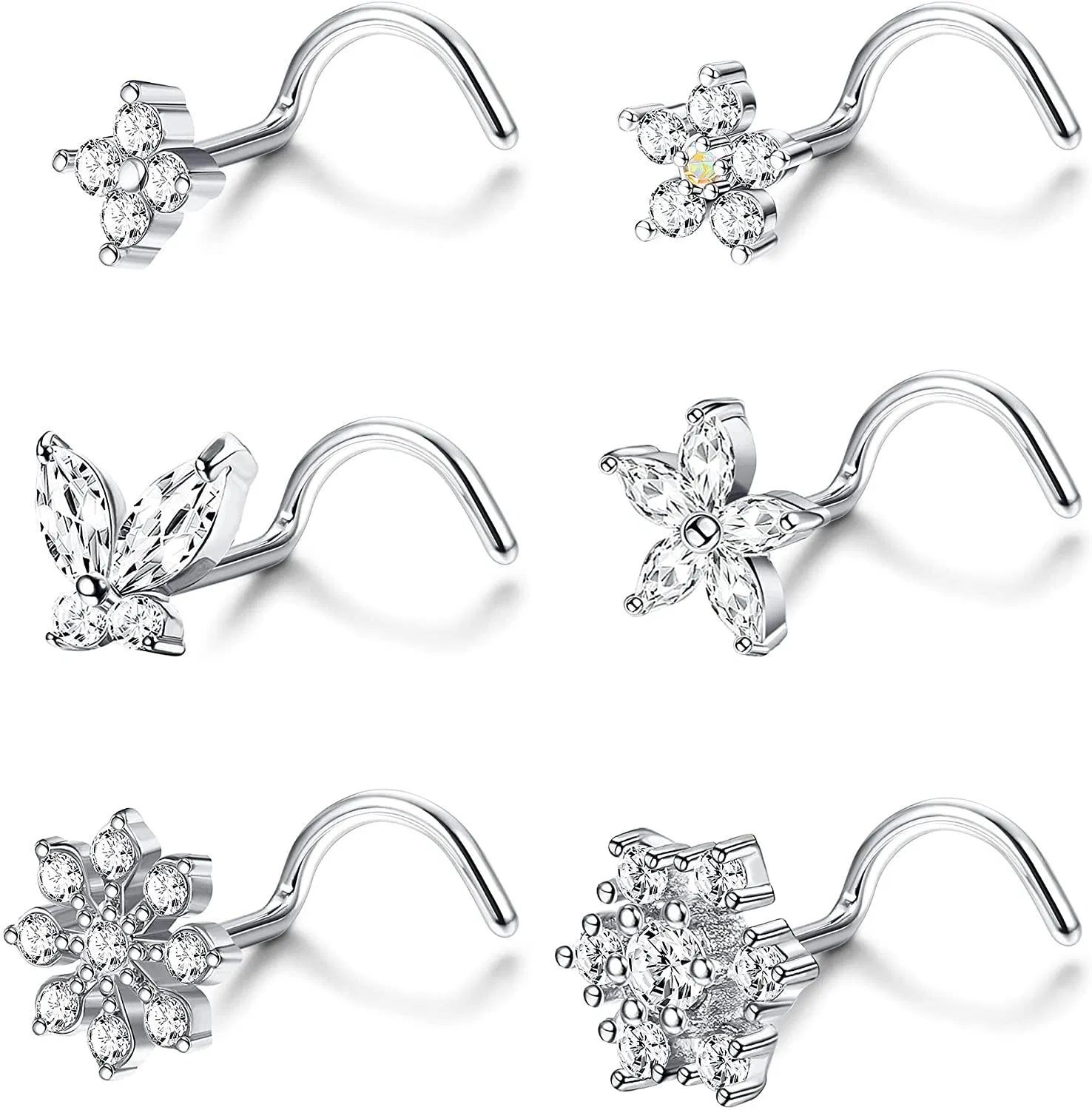 6PCS 20G Nose Ring Stud L-Shape Nose Rings Cubic Zirconia Butterfly Nose Screw Studs Rings Stainless Steel Flower Nose Piercing Ring - Grocery
