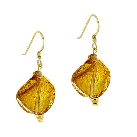 18K Gold over Sterling Silver Brown Twisted Foil Glass Dangle Earrings - Grocery