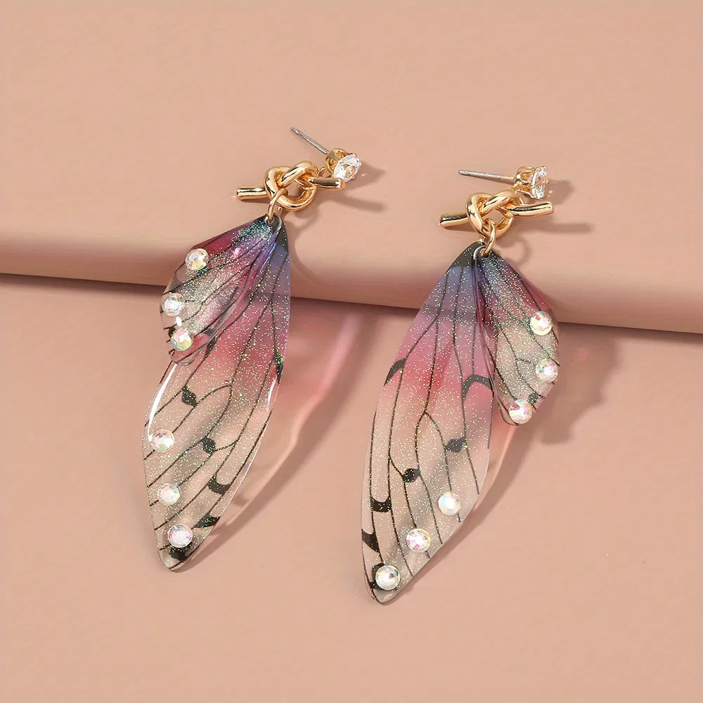 Resin Butterfly Wings With Sparkling Rhinestone Decor Dangle Earrings Cute Minimalist Style Creative Female Gift - Grocery