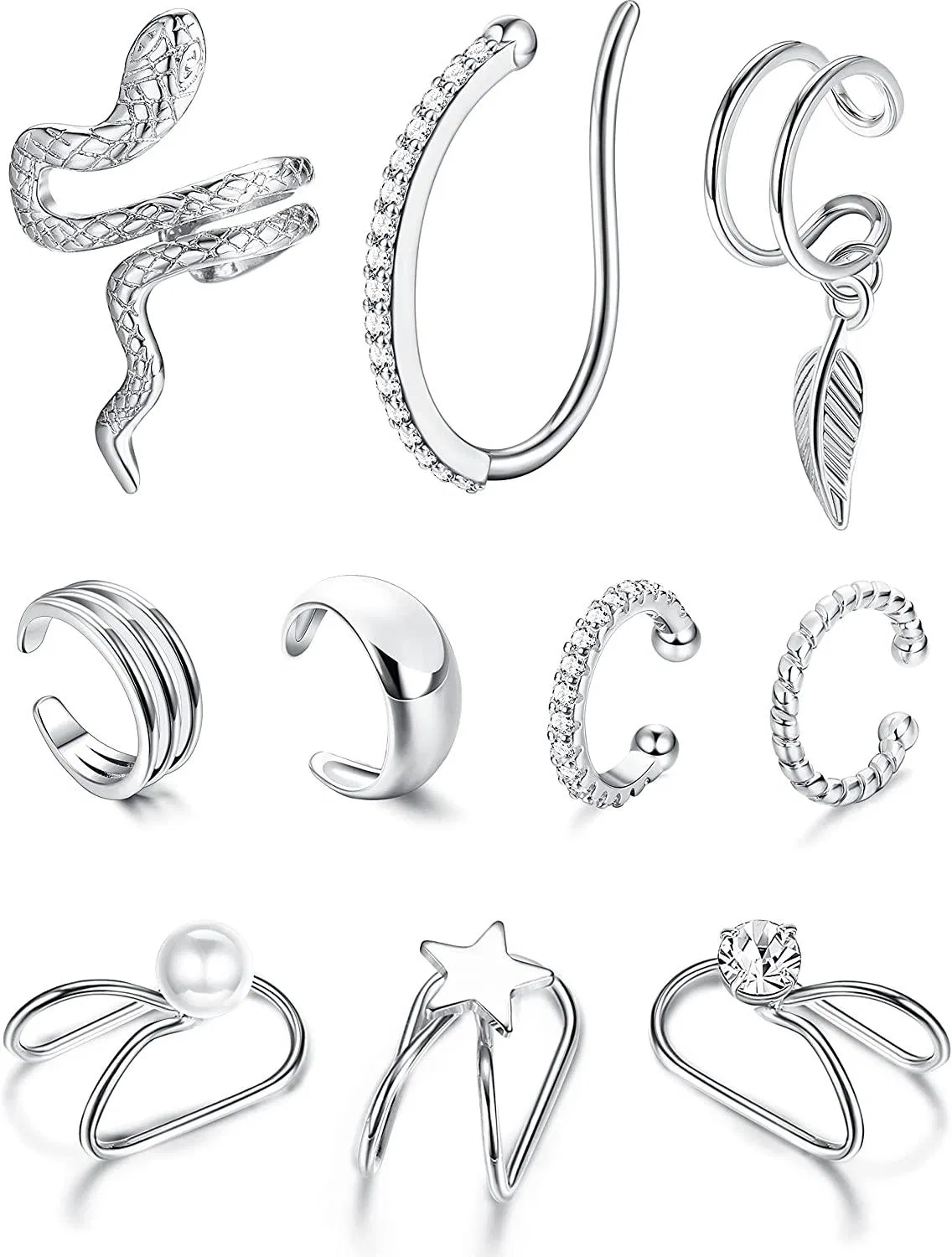 10Pcs Clip On Ear Cuffs for Women Men Gold Silver Dainty Cartilage Helix Ear Wrap Non Piercing Huggie Earring - Grocery