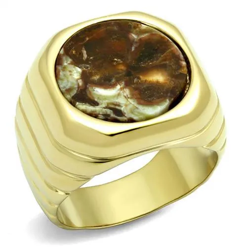 TK3017 - IP Gold(Ion Plating) Stainless Steel Ring with Semi-Precious Oligoclase in Smoked Quartz - Grocery