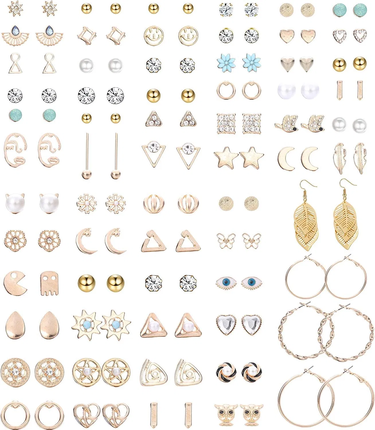 64 Pairs Assorted Multiple Stud Earrings for Women Men Hoop Earrings Triangle Circle Small Bar Leaf Face Pearl CZ Earrings Set - Grocery