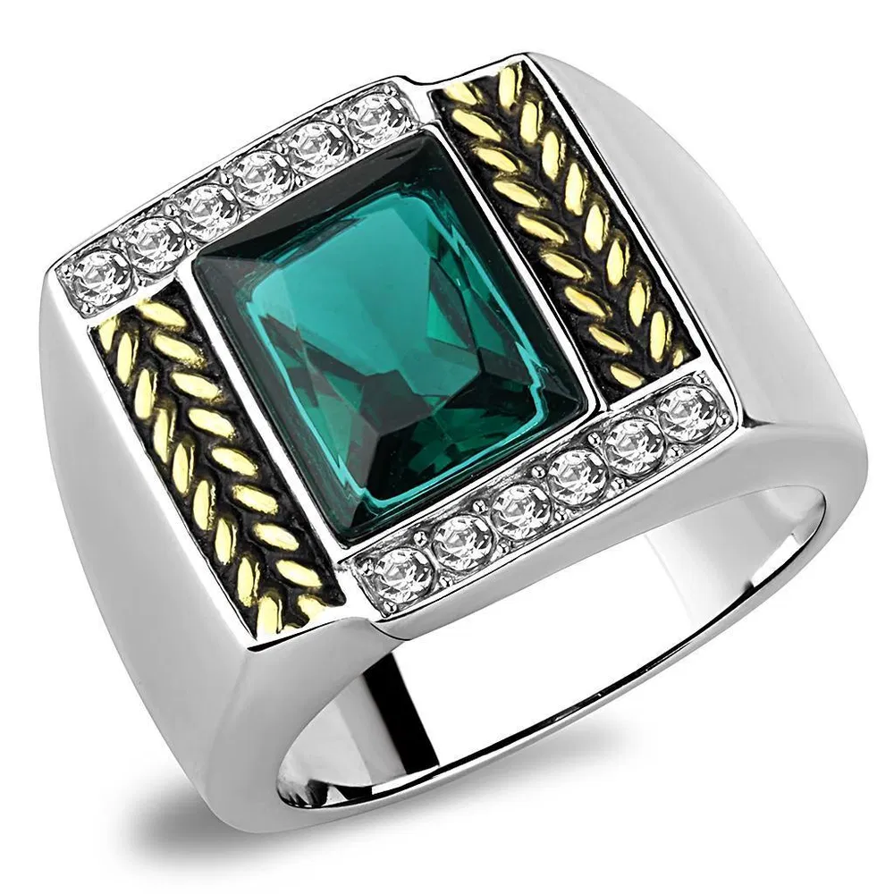 TK3295 - Two-Tone IP Gold (Ion Plating) Stainless Steel Ring with Synthetic Synthetic Glass in Blue Zircon - Grocery