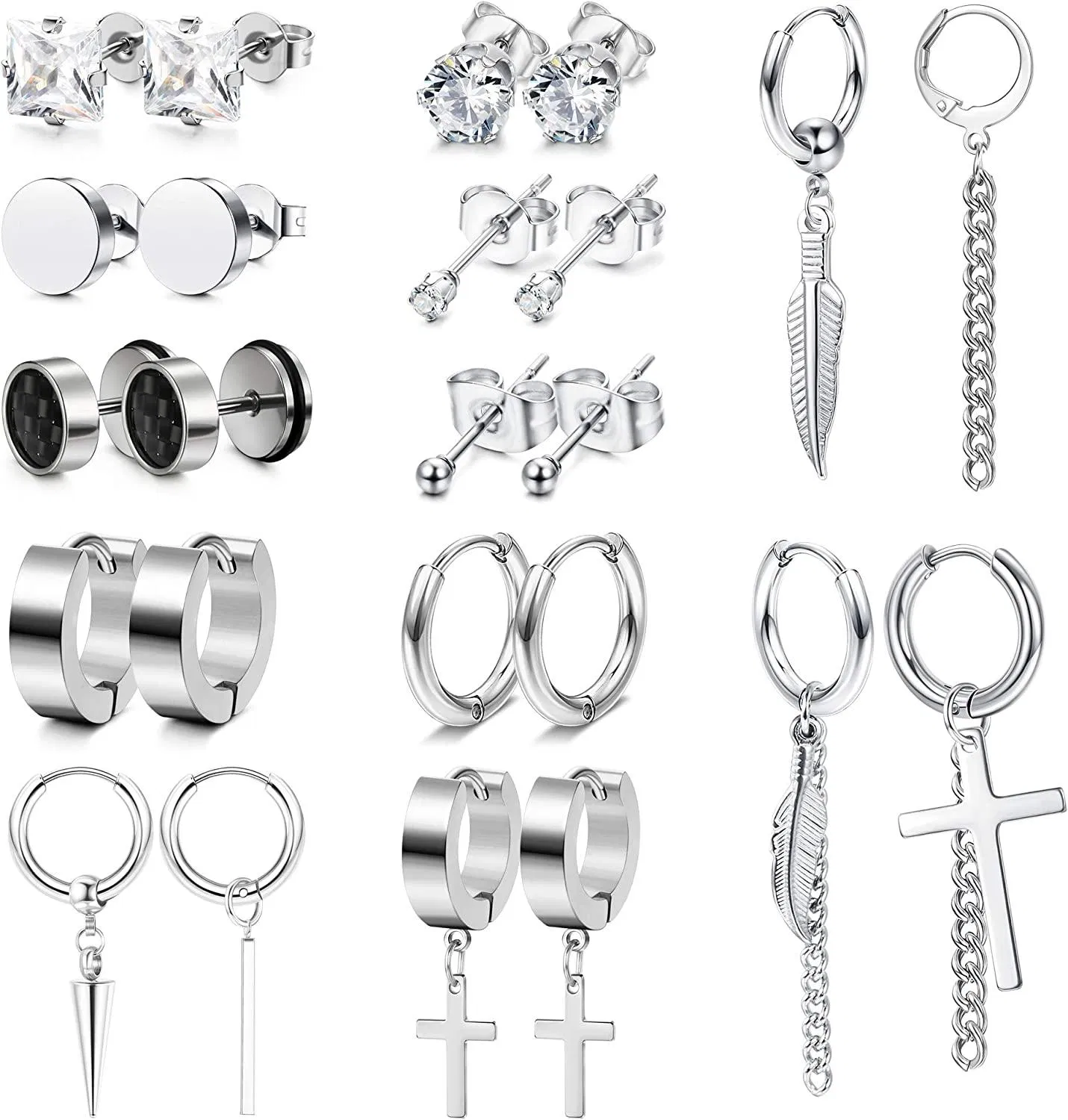 12 Pairs Earrings for Men Stud Hinged Hoop Earrings; Stainless Steel CZ Cross Feather Dangle Earrings; Long Chain Kpop Jewelry for Women - Grocery