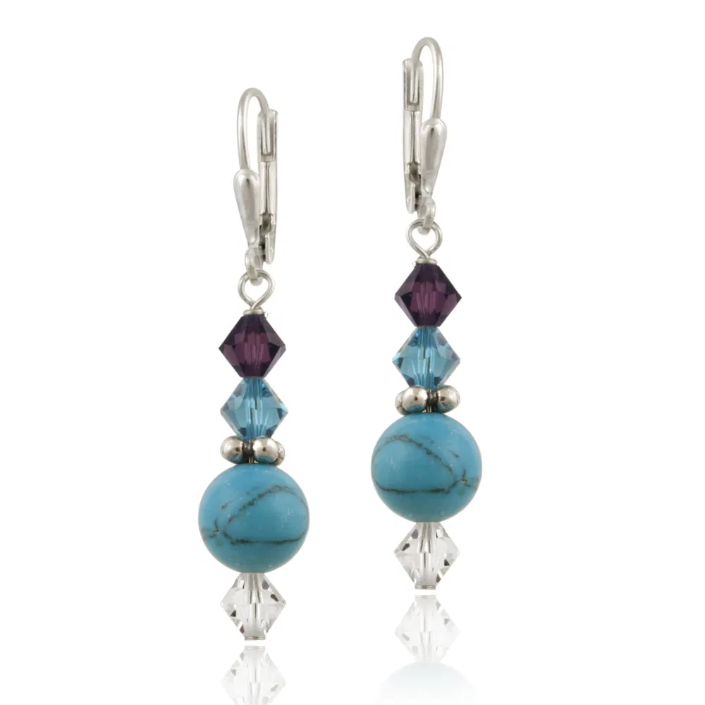 Sterling Silver Created Turquoise & Swarovski Elements Dangle Leverback Earrings - Grocery