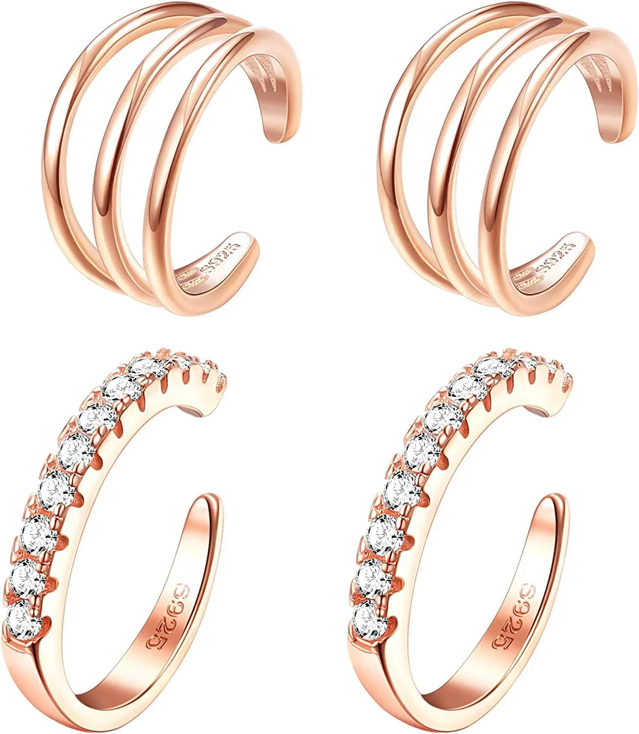 2 Pairs S925 Sterling Silver Earring Cuff Small Hoop Earrings for Womens CZ Pave Earrings Three Band Wrap Non Piercing Earrings Set - Grocery