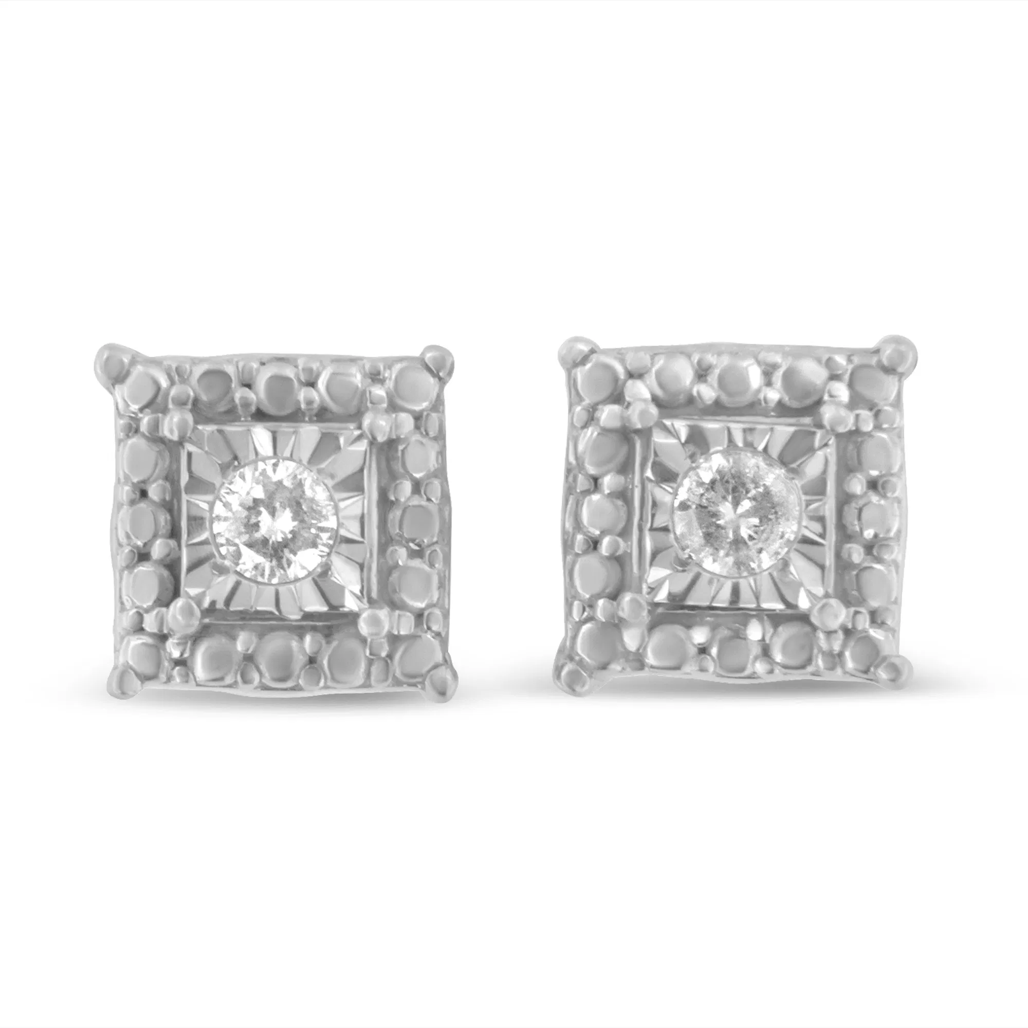.925 Sterling Silver 1/10 Cttw Round Brilliant-Cut Near Colorless Diamond Miracle-Set Beaded Square Stud Earrings (H-I Color, I2-I3 Clarity) - Grocery