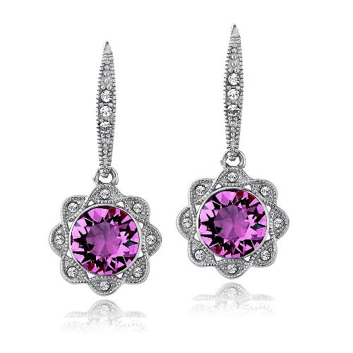 Silver Tone Purple & Clear Swarovski Elements Halo Dangle Flower Leverback Earrings - Grocery