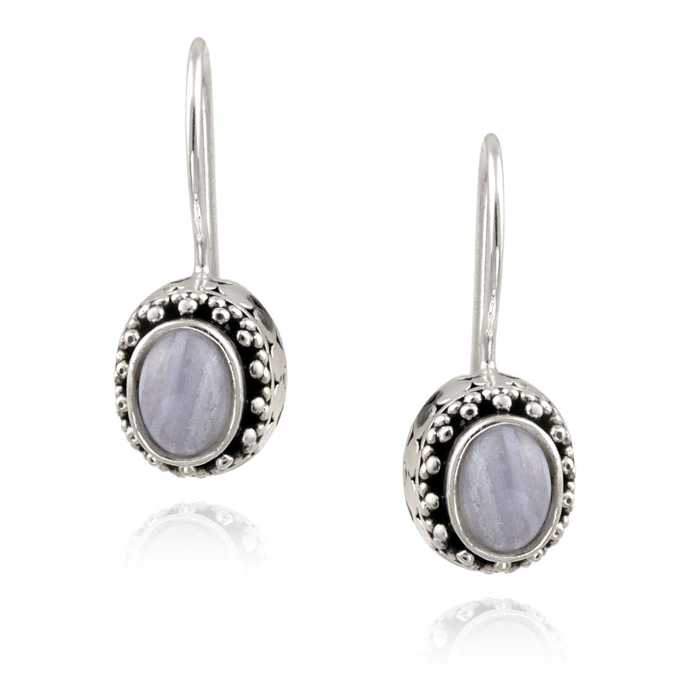 Sterling Silver Genuine Lace Agate Stone Bali Bead Oval LeverBack Lever Back Earrings - Grocery