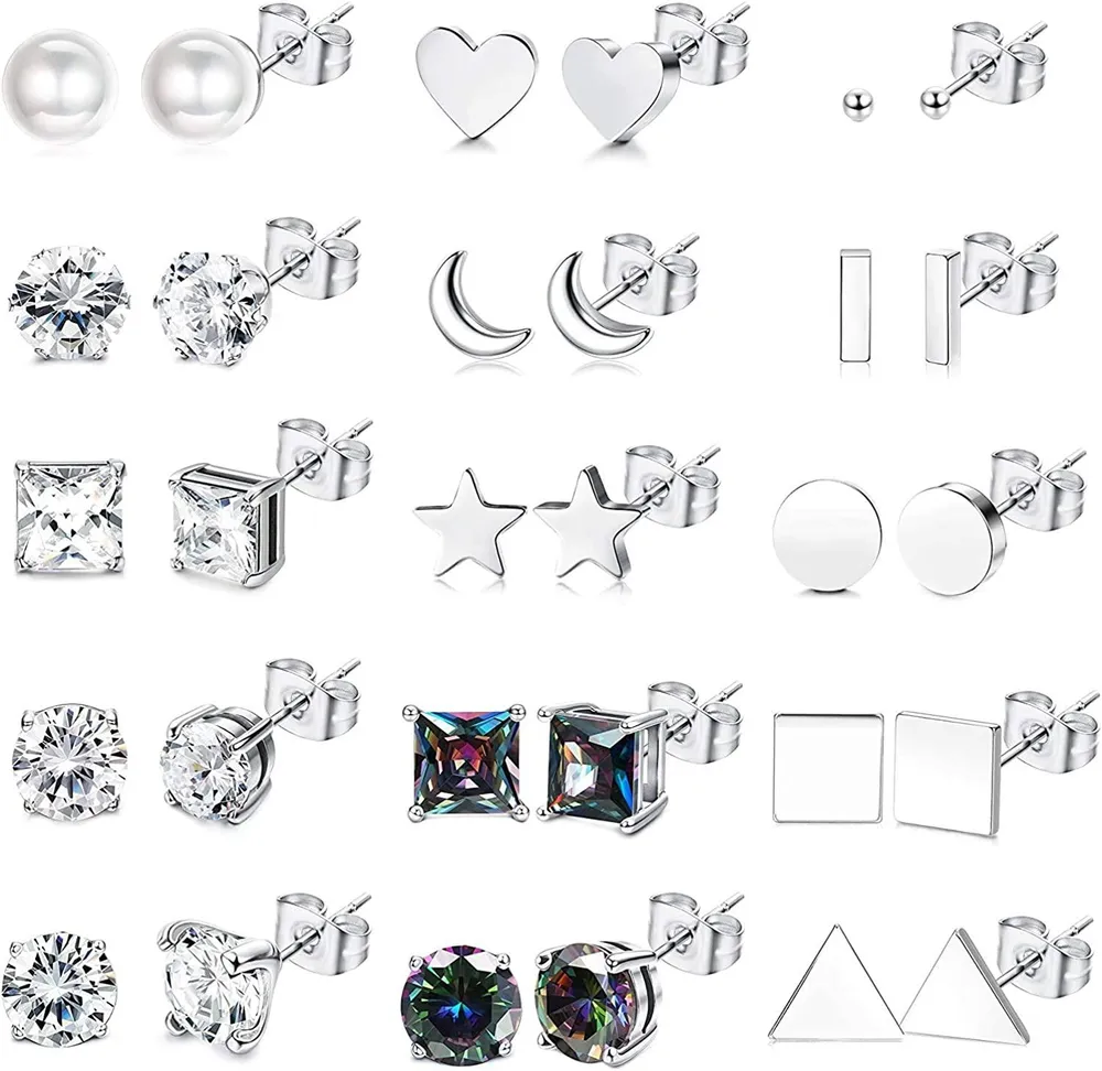 15 Pairs Stainless Small Earrings for Women Men CZ Moon Star Pearl Earring Tiny Ball Carilage Earrings Geometric Stud Earrings - Grocery