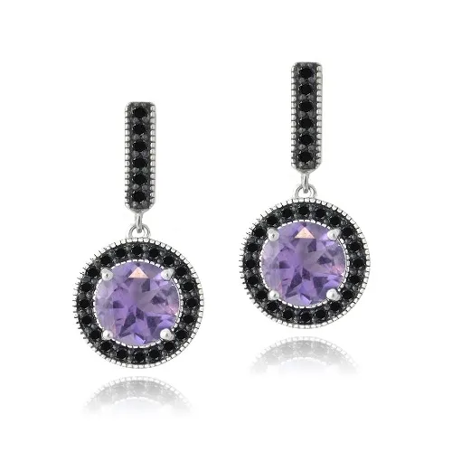 Sterling Silver 2.8ct Amethyst & Black Spinel Round Dangle Earrings - Grocery