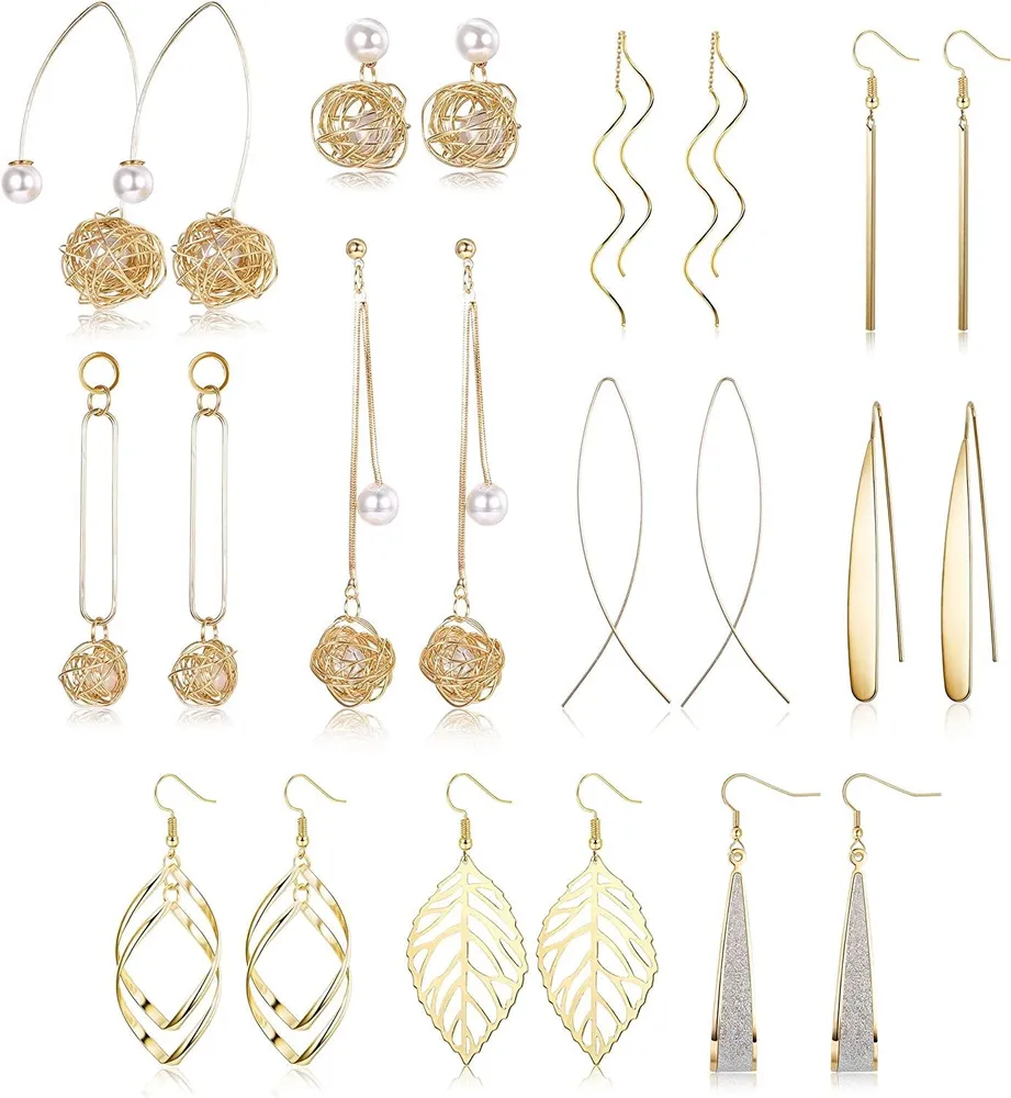 11Pairs Drop Dangle Earring Curved Threader Dangle Earrings Double Twist Wave Long Bar Leaf pearl Earrings Set for Women Gift - Grocery