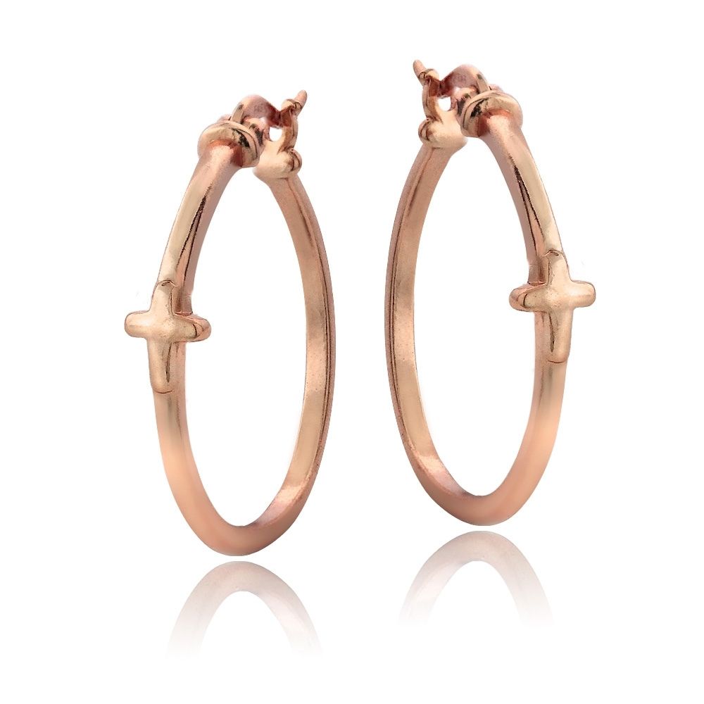 Rose Gold Tone over Sterling Silver Cross Polished Hoop Earrings - Grocery