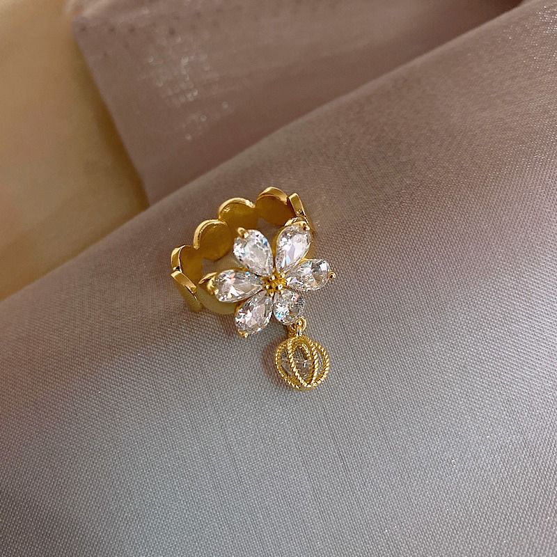 Creative Zircon Water Drop Petals Pendant Open Ring For Woman Luxury Wedding Party Jewelry Fashion Unusual Girl's Metal Rings - Grocery