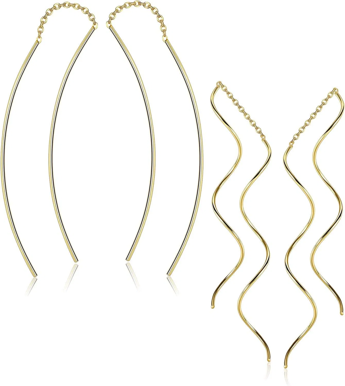 2 Pairs 925 Sterling Silver Threader Earrings for Women Ear Line Wave Drop Dangle Fish Long Chain Earrings Hypoallergenic - Grocery
