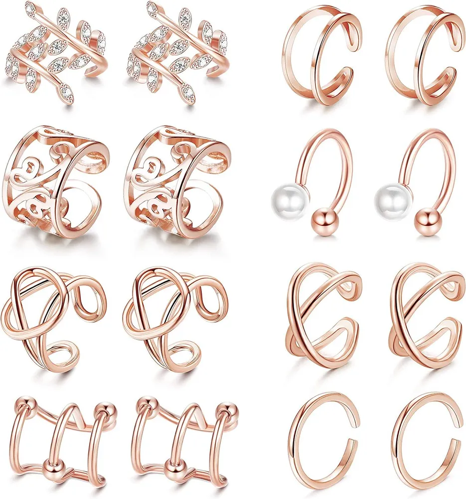 8 Pairs Ear Cuff for Women Men Helix Cartilage Conch Wrap Ear Piercing Non Piercing Fake Clip On Earrings Adjustable - Grocery