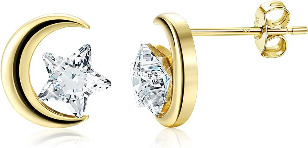 925 Sterling Silver Moon and Star Earring Stud for Women Made with Austrian Crystal Cute Fashion Tiny Gift - Grocery