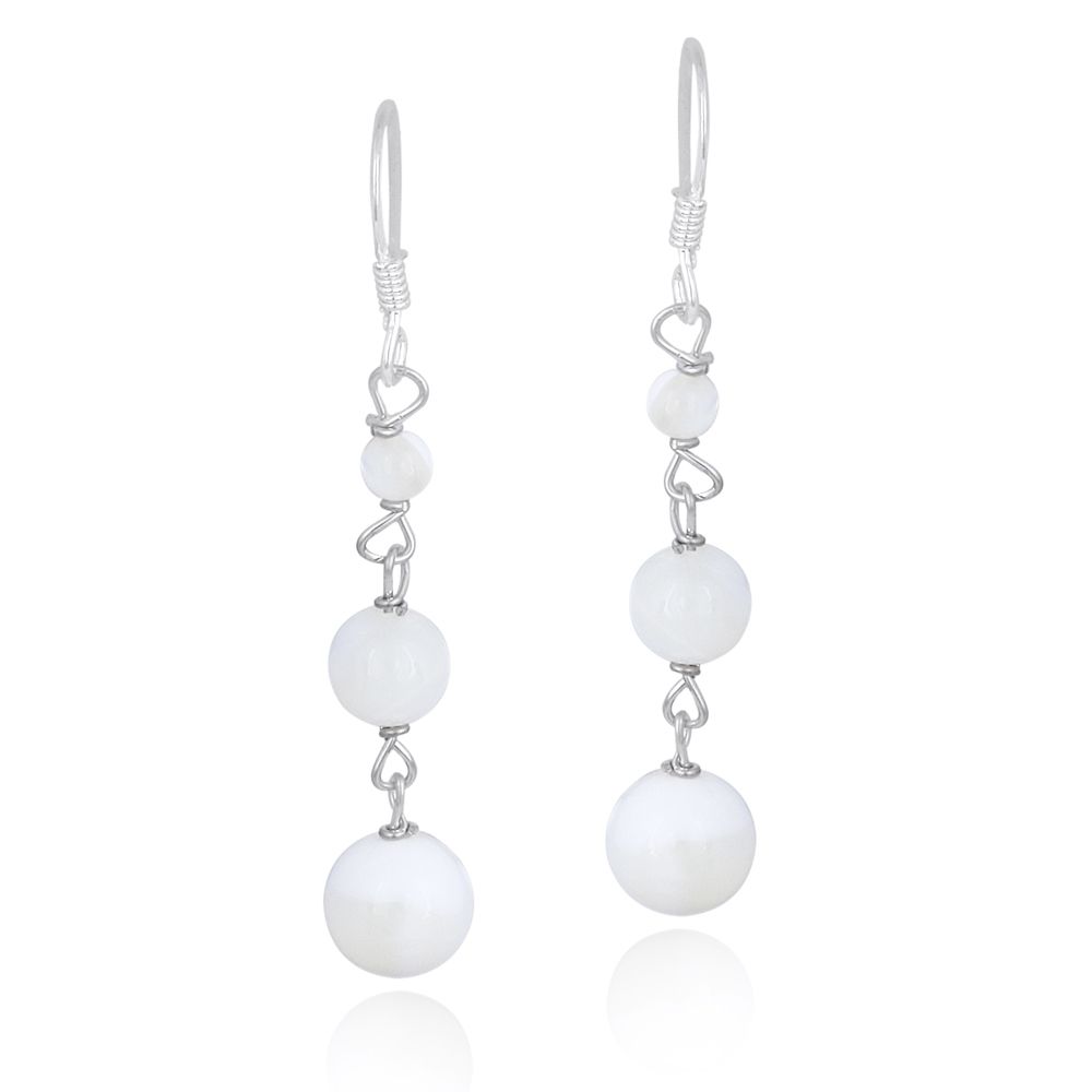 Sterling Silver Mother Of Pearl Three Graduating Bead Dangle Earrings - Grocery