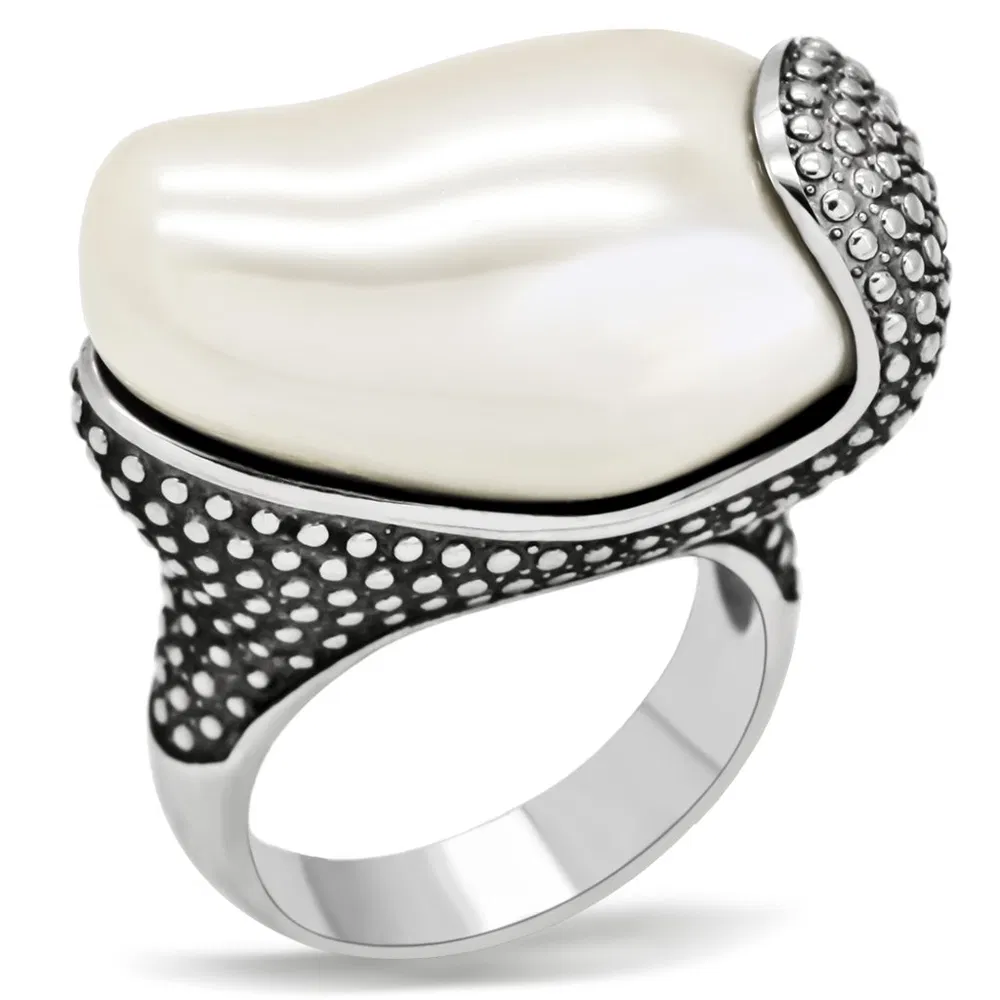 TK212 - High polished (no plating) Stainless Steel Ring with Synthetic Synthetic Stone in White - Grocery
