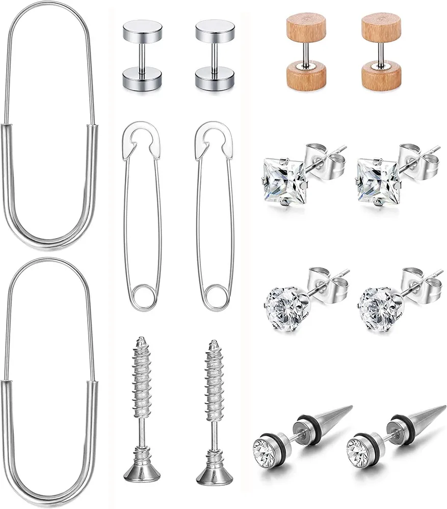 8 Pairs Barbell Stud Earrings for Men Women Cool Punk Goth Pin Earrings Stainless Nail Screw CZ Stud Earrings Set - Grocery