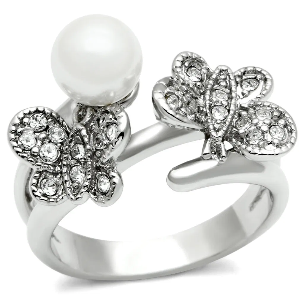 3W223 - Rhodium Brass Ring with Synthetic Pearl in White - Grocery