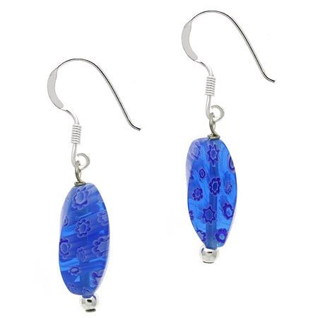 Sterling Silver Murano Glass Blue Bead Beaded Millefiori Dangle Earrings - Grocery