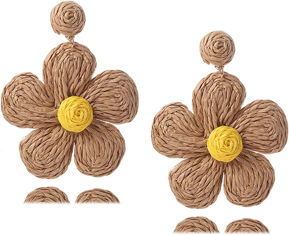 Bohemian Rattan Flower Drop Dangle Earring for Women Girl Teen Boho Colorful Raffia Straw Wicker Statement Earring Handmade Summer Tropical Beach Jewelry - Grocery
